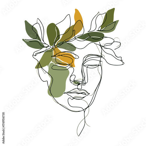 Elegant continuous line art of face with foliage crown