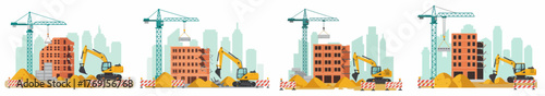 Four Stages of Building Construction and Development Process. Flat vector illustration of a job site with heavy machinery, crane, and excavator in the city.