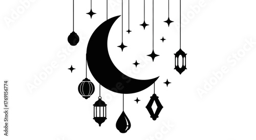 Elegant black crescent moon design with hanging lanterns and sparkling stars