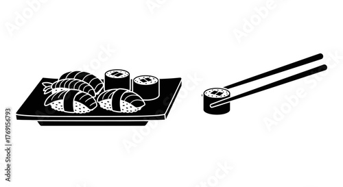 Black and white illustration of various types of sushi on a plate