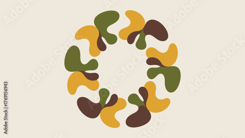 Abstract circle pattern formed by brown mustard and green shapes on a light beige background design
