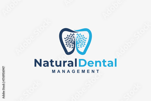 Modern dental clinic logo with blue tooth and tree symbol representing natural health care