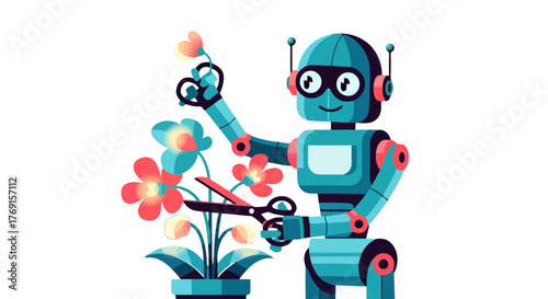 A Cheerful Robot Pruning Colorful Flowers Depicting Technology and Nature Harmonizing Together