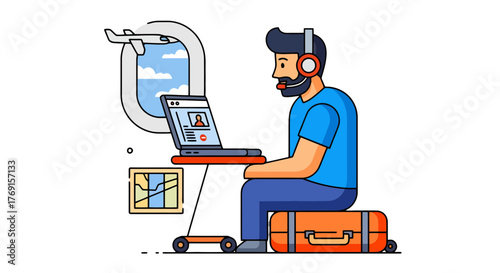 A Traveler Working Remotely During Flight with Laptop and Headset Communication