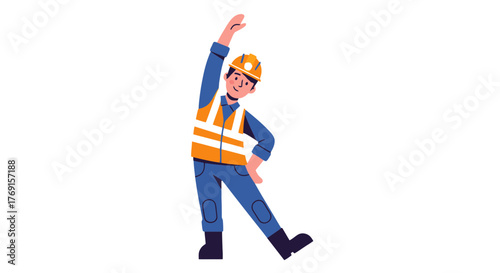 A Construction Worker Stretching After His Tasks, Ready For Another Day Of Hard Work