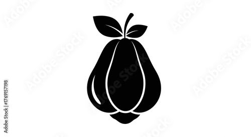 Simple black and white illustration of a pear with a stem and leaves
