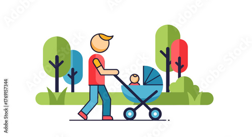 A Father Takes A Stroll With Baby In The Park With A Colorful Vector Illustration