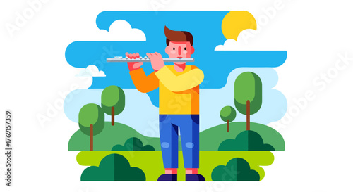 A Flutist Performing In A Serene Park On A Sunny Day Under A Blue Sky And Clouds