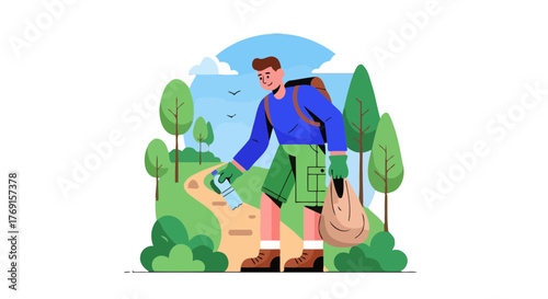 Activist Volunteering for Environmental Preservation during Outdoors Hike Illustration