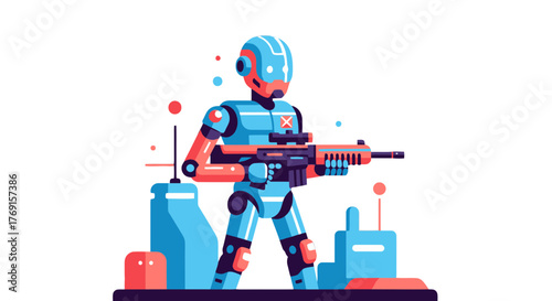 A Futuristic Robot Guarding With Advanced Weapon and Equipped For Battle Position