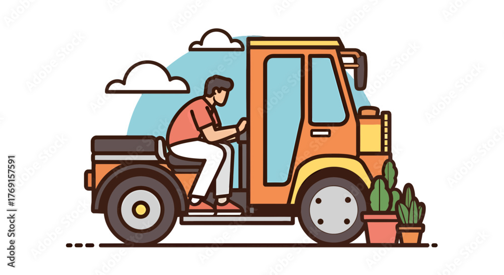 Naklejka premium A Person Driving An Orange Colored Vehicle With Cacti And Clouds On A Black Background