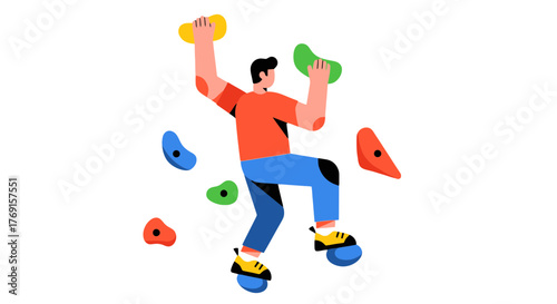 A Person Climbing Rock Wall Illustratively With Colorful Holds for Exercise
