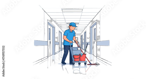 A Person Cleaning A Corridor With Cleaning Supplies In Comic Illustration Style
