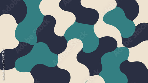 Abstract seamless pattern featuring organic shapes in teal navy and cream colors in a flowing design