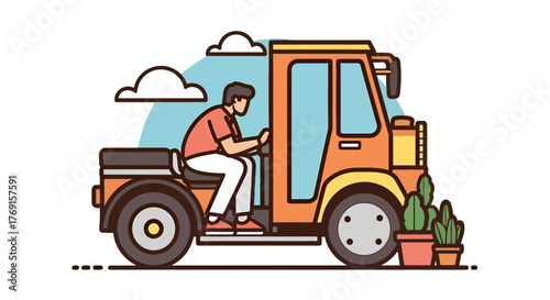 A Person Driving An Orange Colored Vehicle With Cacti And Clouds On A Black Background