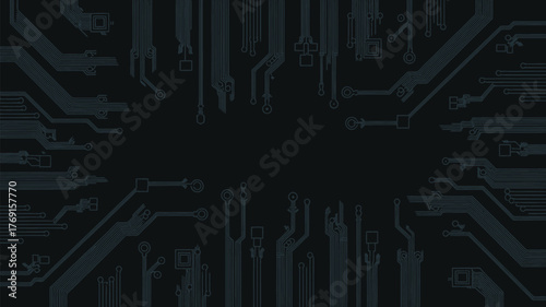 A dark background with a circuit board pattern featuring lines and shapes in a symmetrical arrangement