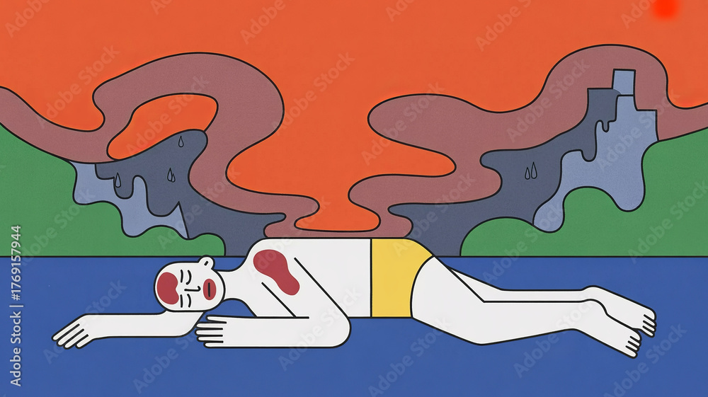 Fototapeta premium Polluted Waters: An abstract illustration portrays a swimmer immersed in contaminated water, amidst a backdrop of polluted sky and environmental ruin. Evoking themes of pollution, toxicity.