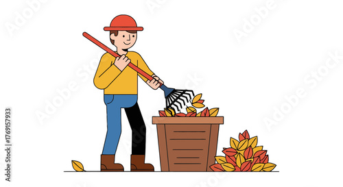 A Person Raking Leaves Into A Wooden Bin in Illustrated Style