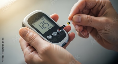 Close-up of Hands Checking Blood Sugar Level with Glucose Meter and Test Strip, Diabetes Monitoring
