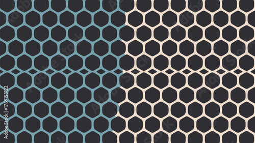 Hexagonal pattern with blue and white lines forming a honeycomb structure on a dark background design