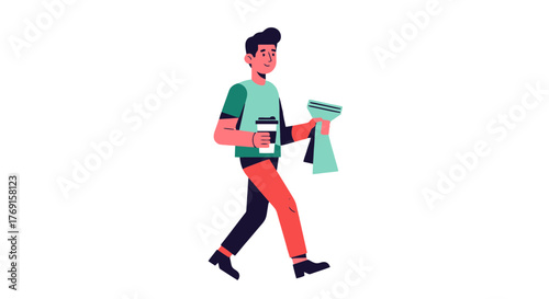 A Person Walking With Drink and Cleaning Supplies On Black Background