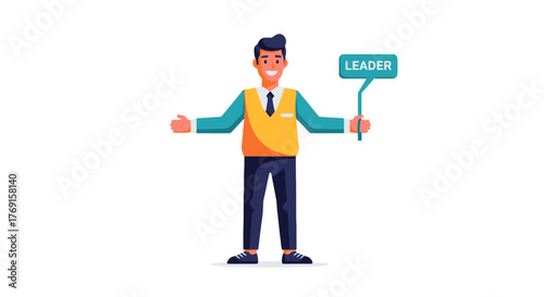 A Personified Leader Holding a Speech Bubble, Guiding With a Smiling Expression