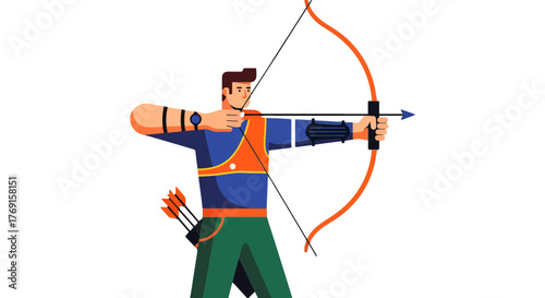 Archer Pulling Back Bow And Arrow Aiming For A Target Isolated On Black Background