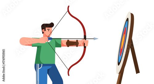 Archer Aims Arrow Towards Target In Competition Against Dark Backdrop