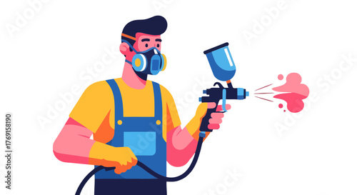 A Professional Painter in Protective Gear Working With Spraying Equipment Illustration