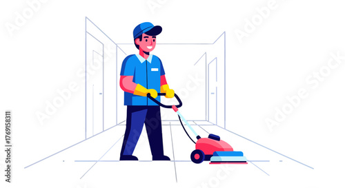A Smiling Janitor Cleaning a Corridor with a Cleaning Machine in Isometric View