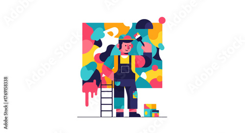 Artisan Creating Vibrant Abstract Illustration With Brush And Colorful Paint