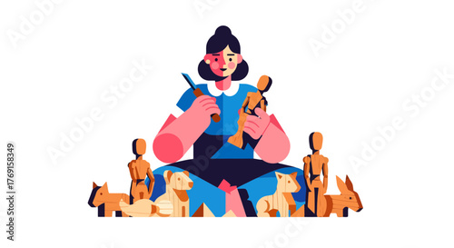 Artisan Creating Wooden Figurine Surrounded By Other Wooden Animal Figures