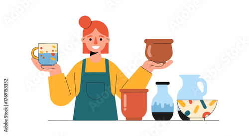 Artisan Woman Displays Ceramic Pottery Pieces Smiling Proudly For Display