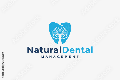 Modern dental clinic logo with blue tooth and tree symbol representing natural health care