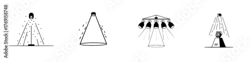 Collection of stage and studio lighting equipment icons with light beams