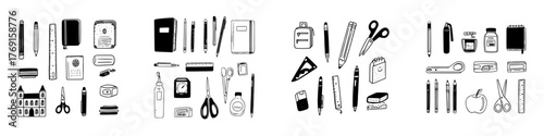 Hand drawn collection of various black and white school and office supplies
