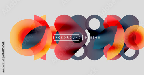 Abstract shapes overlap, creating vibrant color blends. Modern design elements suggest fluidity, motion, dynamic composition. Gray backdrop enhances visual impact.