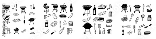 Hand drawn icons of barbecue grilling tools and assorted food items