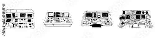 Set of vintage operator consoles and industrial control panels line art