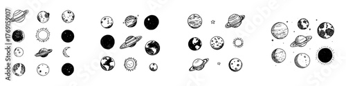 Hand drawn icons of celestial bodies including planets moons and sun