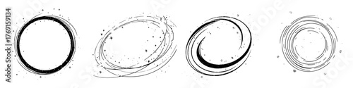 Set of four abstract black and white swirling circular brush stroke frames