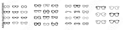 Collection of hand drawn eyeglasses and sunglasses icons in various styles