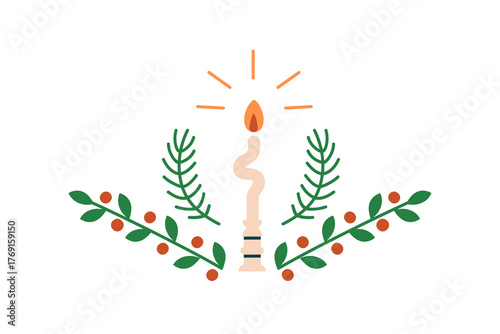 Christmas decoration with candle, fir branch, mistletoe berry, leaf. Symmetry...