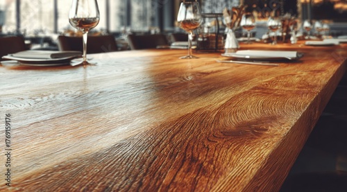 Polished wooden restaurant table, with glassware and settings