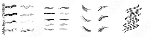 Collection of black and white abstract brush stroke elements and swirls