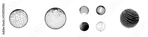Collection of engraved style spheres with latitude and longitude lines