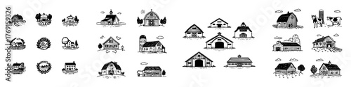 Hand-drawn rustic farm buildings and rural icons collection