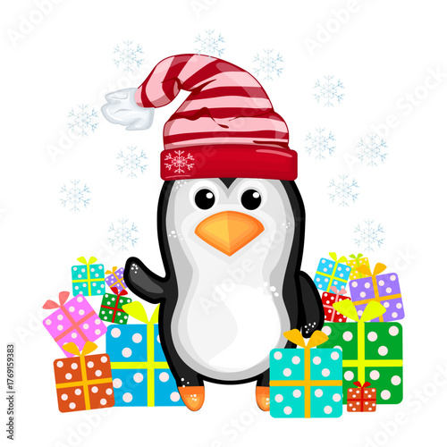 Christmas penguin with gift box on white background. Penguin with Santa hat and pile presents. Penguin wearing red cap, gift boxes and snowflakes around. Festive winter penguin. Vector illustration