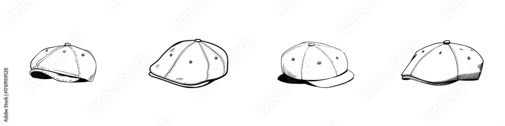 Fototapeta premium Set of four different styles of flat caps and baseball caps outline drawings