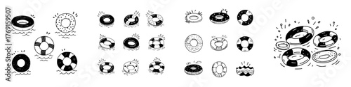 Collection of hand drawn swimming rings and lifebuoys floating on water